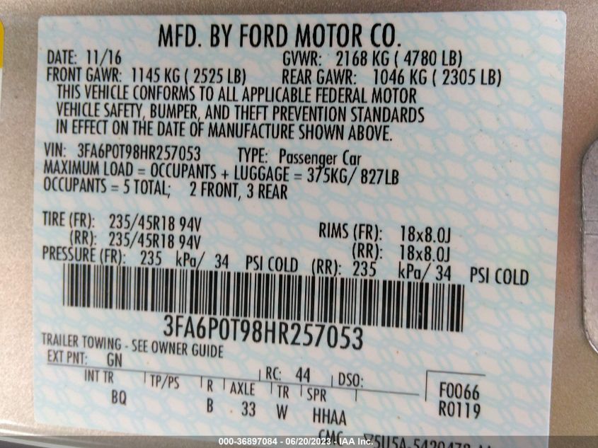 2017 FORD FUSION SE - 3FA6P0T98HR257053