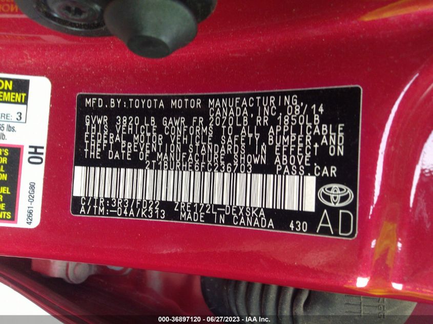 2015 TOYOTA COROLLA L/LE/S/S PLUS/LE PLUS - 2T1BURHE6FC236703