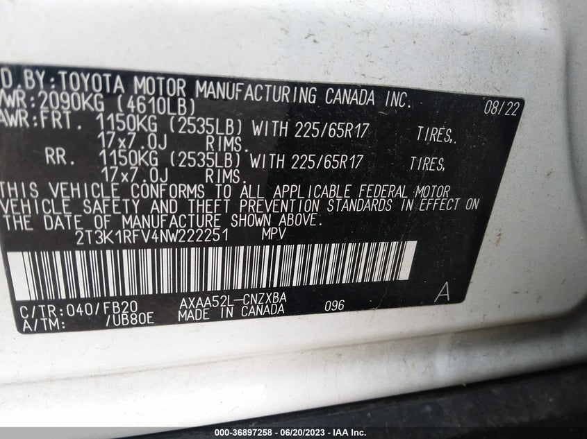 VIN 2T3K1RFV4NW222251 2022 TOYOTA RAV4 LE