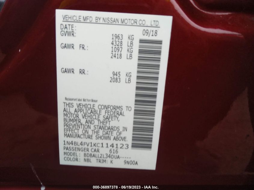 2019 NISSAN ALTIMA 2.5 PLATINUM - 1N4BL4FV1KC114123