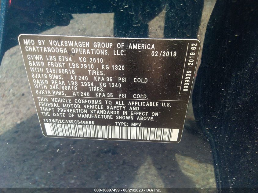 2019 VOLKSWAGEN ATLAS 3.6L V6 SE W/TECHNOLOGY - 1V2WR2CA5KC546566