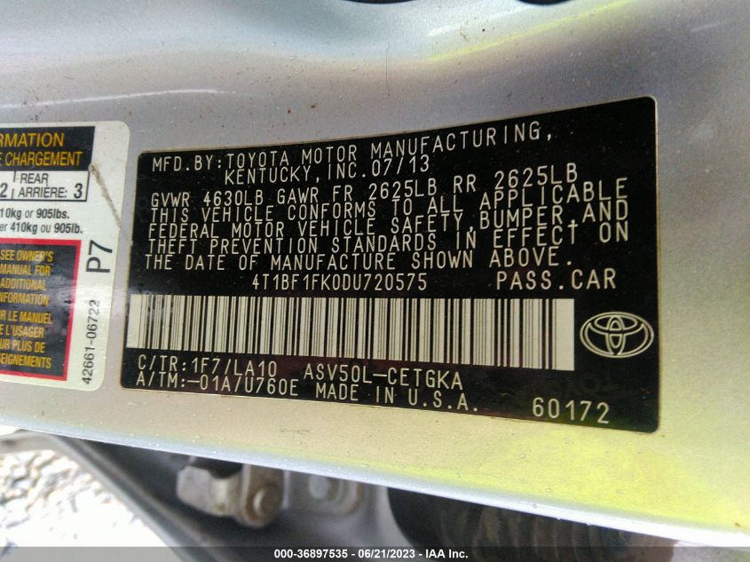 2013 TOYOTA CAMRY L/LE/SE/XLE - 4T1BF1FK0DU720575