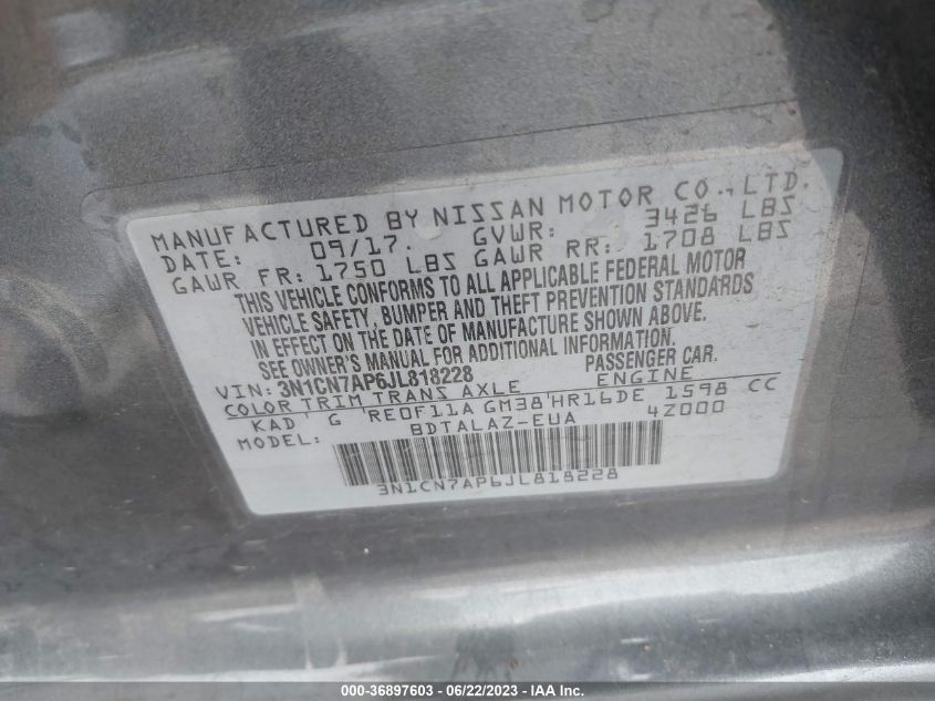 2018 NISSAN VERSA SEDAN S PLUS - 3N1CN7AP6JL818228