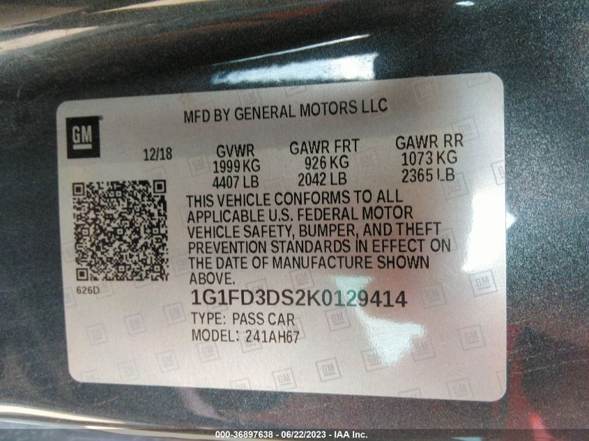 2019 CHEVROLET CAMARO 2LT - 1G1FD3DS2K0129414