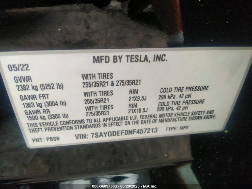 2022 TESLA MODEL Y - 7SAYGDEF0NF457213