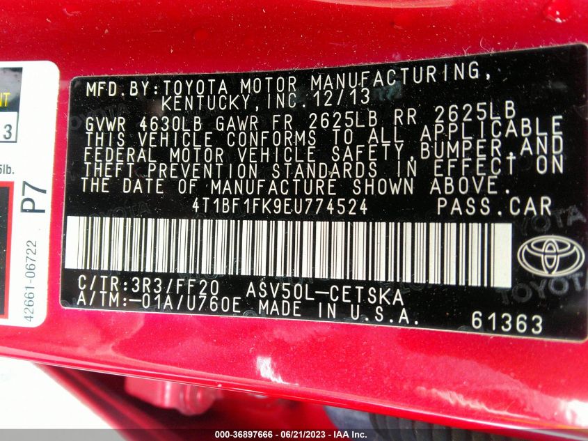 2014 TOYOTA CAMRY L/LE/XLE/SE/SE SPORT - 4T1BF1FK9EU774524