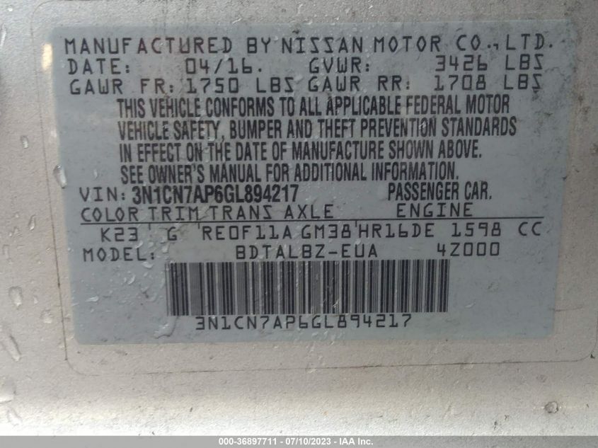 2016 NISSAN VERSA SV - 3N1CN7AP6GL894217