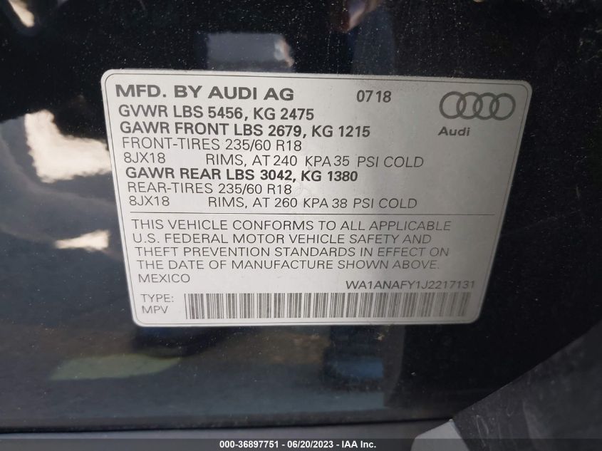 2018 AUDI Q5 PREMIUM/TECH PREMIUM - WA1ANAFY1J2217131