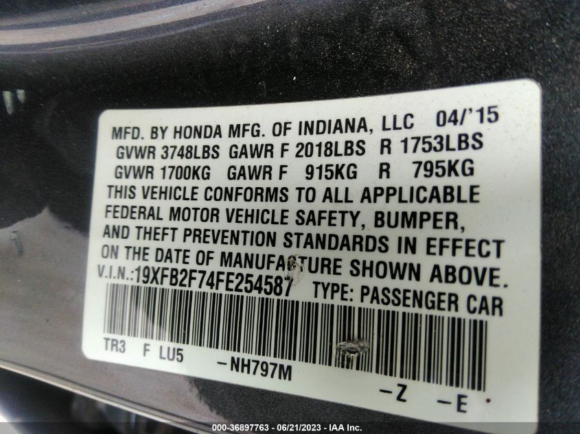 2015 HONDA CIVIC SEDAN SE - 19XFB2F74FE254587