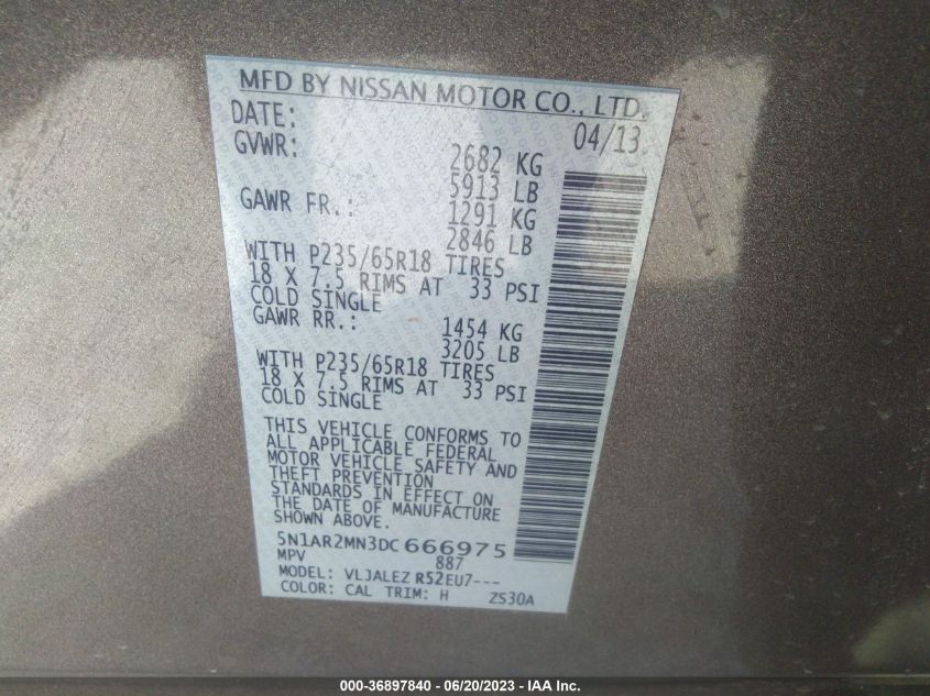 2013 NISSAN PATHFINDER SV - 5N1AR2MN3DC666975