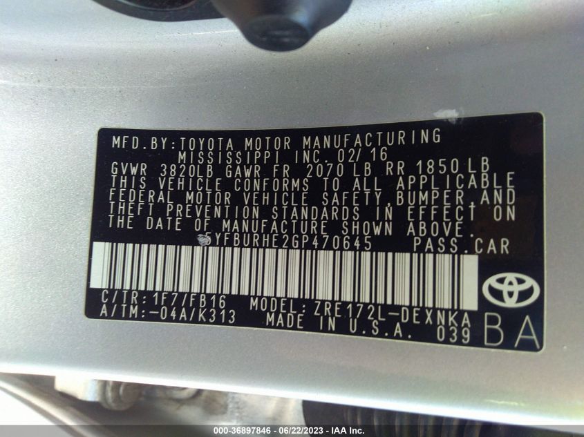 2016 TOYOTA COROLLA L/LE/S/S PLUS/LE PLUS - 5YFBURHE2GP470645