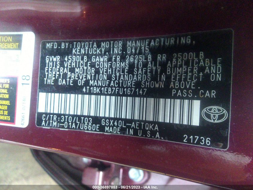 2015 TOYOTA AVALON LIMITED - 4T1BK1EB7FU167147