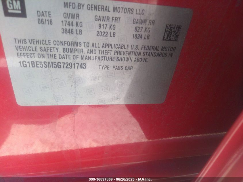 2016 CHEVROLET CRUZE LT - 1G1BE5SM5G7291743