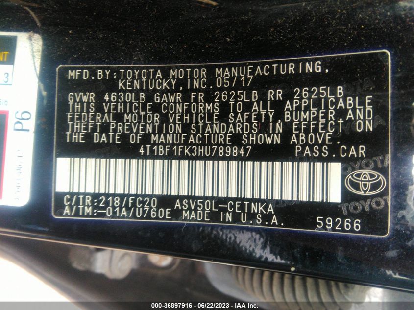 2017 TOYOTA CAMRY LE/XLE/SE/XSE - 4T1BF1FK3HU789847