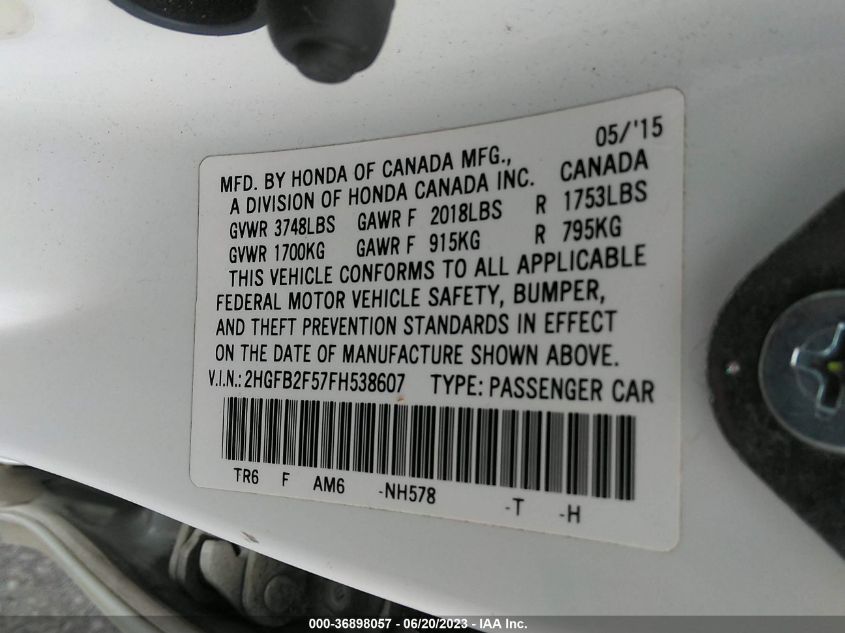 2015 HONDA CIVIC SEDAN LX - 2HGFB2F57FH538607