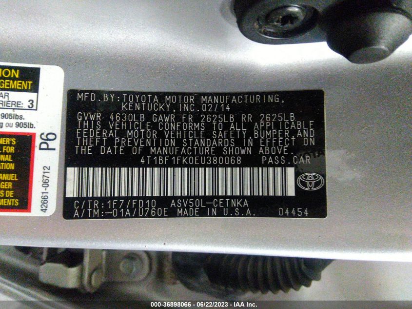2014 TOYOTA CAMRY L/LE/XLE/SE/SE SPORT - 4T1BF1FK0EU380068