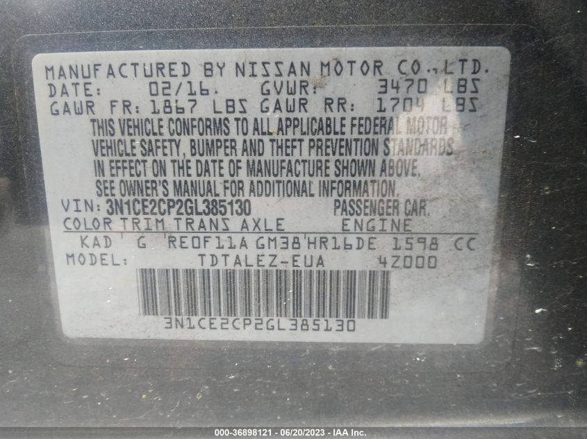 2016 NISSAN VERSA NOTE S/S PLUS/SV/SR/SL - 3N1CE2CP2GL385130