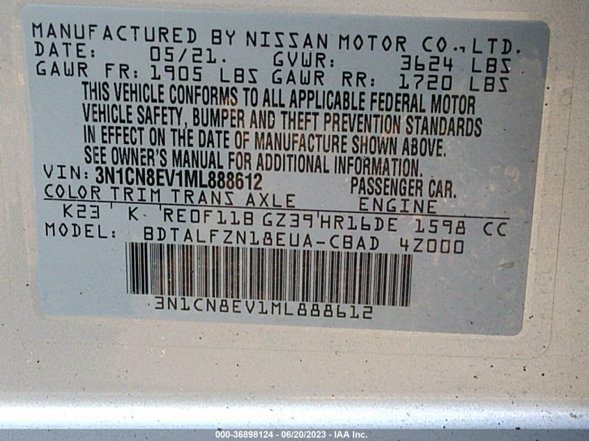 2021 NISSAN VERSA SV - 3N1CN8EV1ML888612