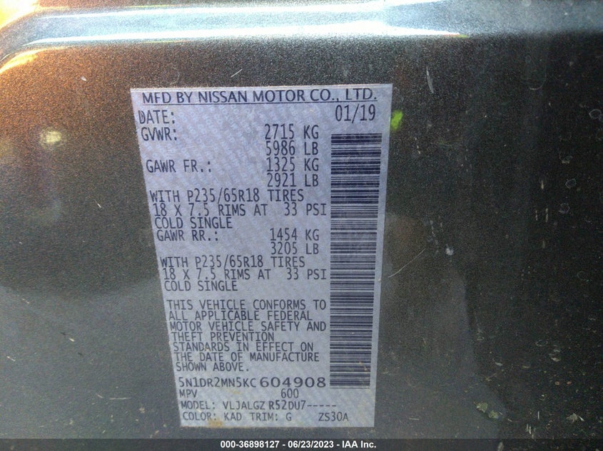 VIN 5N1DR2MN5KC604908 2019 NISSAN PATHFINDER SL