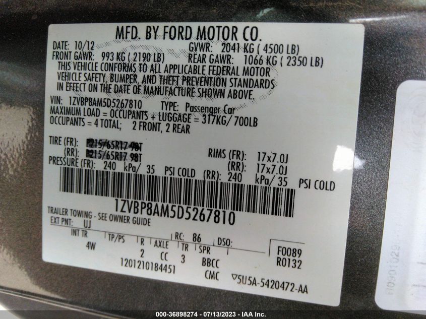 2013 FORD MUSTANG - 1ZVBP8AM5D5267810