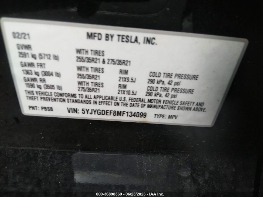 2021 TESLA MODEL Y PERFORMANCE - 5YJYGDEF8MF134099