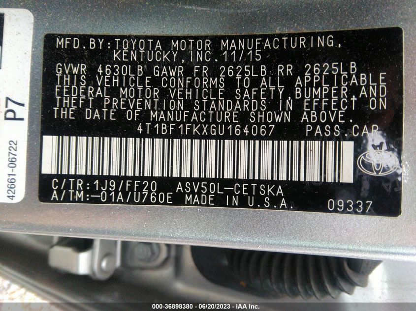 2016 TOYOTA CAMRY XLE/SE/LE/XSE - 4T1BF1FKXGU164067