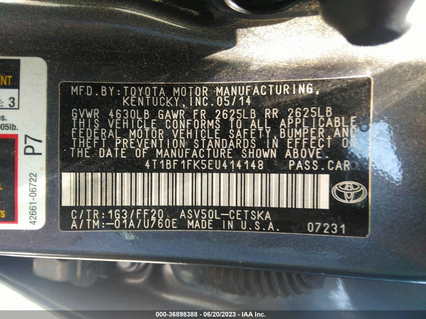 2014 TOYOTA CAMRY L/LE/XLE/SE/SE SPORT - 4T1BF1FK5EU414148