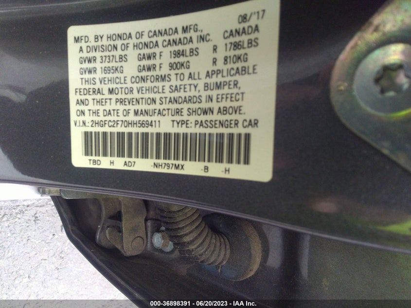 VIN 2HGFC2F70HH569411 2017 HONDA CIVIC SEDAN EX
