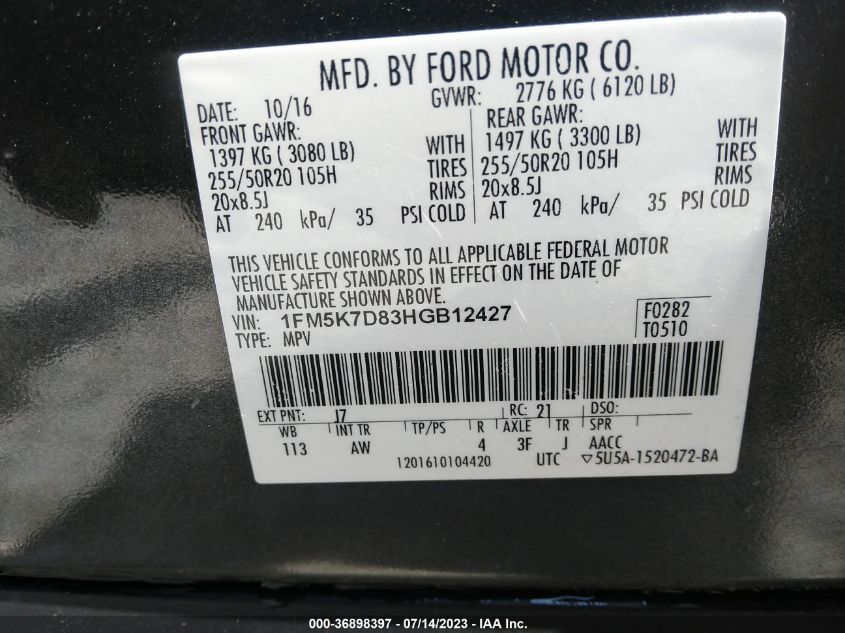 2017 FORD EXPLORER XLT - 1FM5K7D83HGB12427