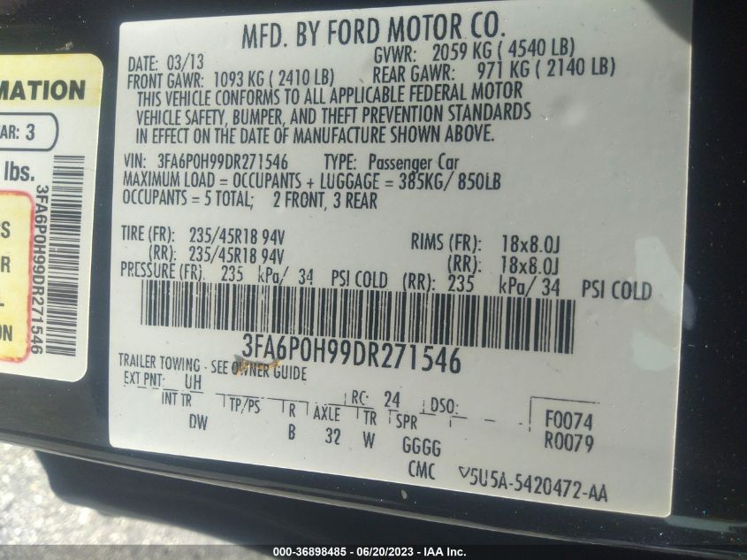 2013 FORD FUSION SE - 3FA6P0H99DR271546