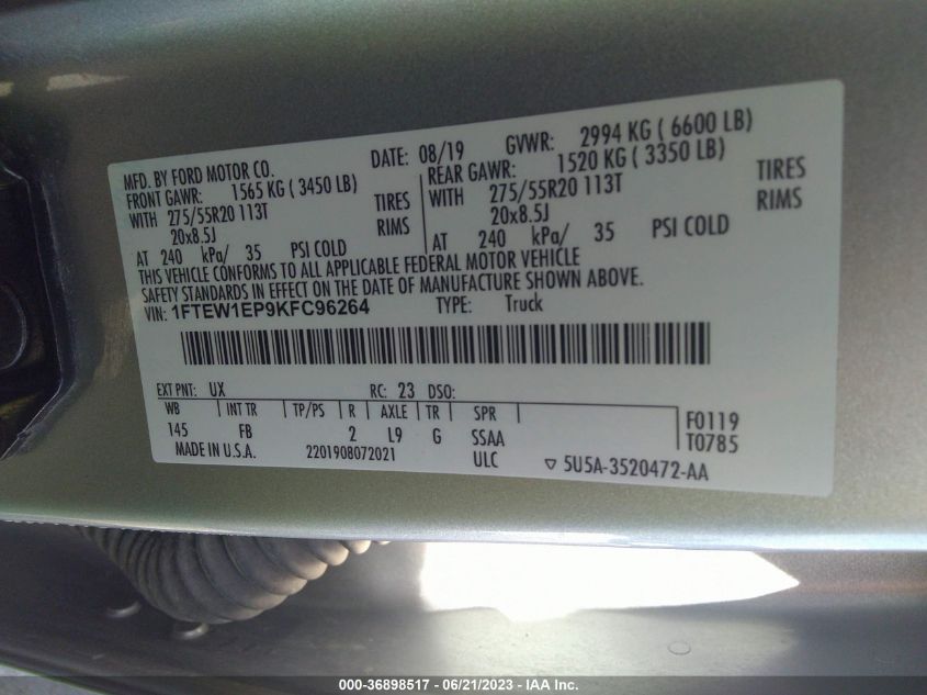 2019 FORD F-150 XL/XLT/LARIAT - 1FTEW1EP9KFC96264