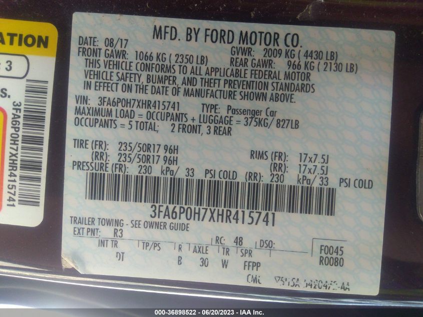 2017 FORD FUSION SE - 3FA6P0H7XHR415741