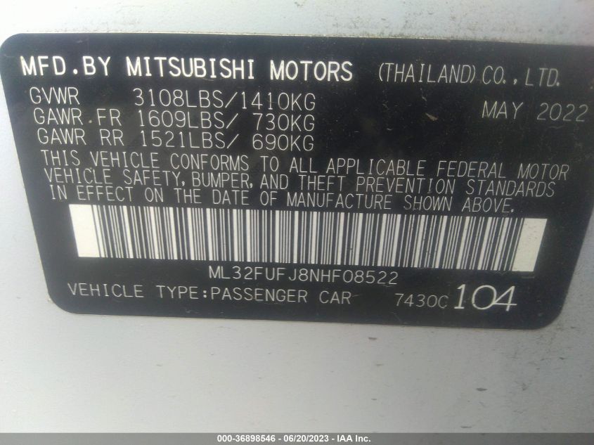 2022 MITSUBISHI MIRAGE G4 ES/LE/BLACK EDITION - ML32FUFJ8NHF08522