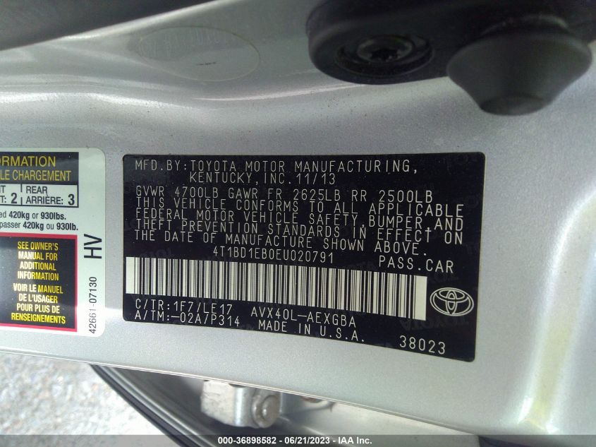 2014 TOYOTA AVALON HYBRID LIMITED/XLE TOURING 4T1BD1EB0EU020791