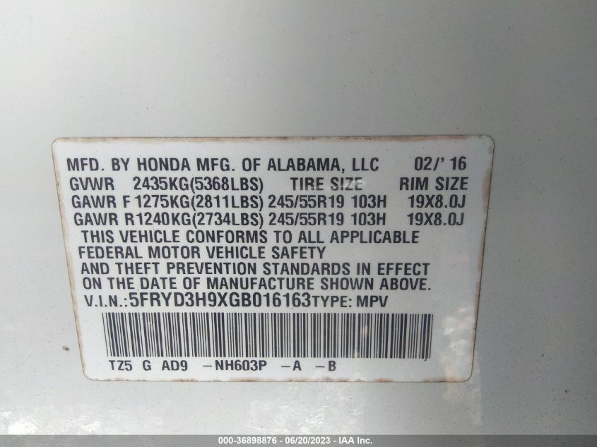 2016 ACURA MDX W/ADVANCE/W/ADVANCE - 5FRYD3H9XGB016163