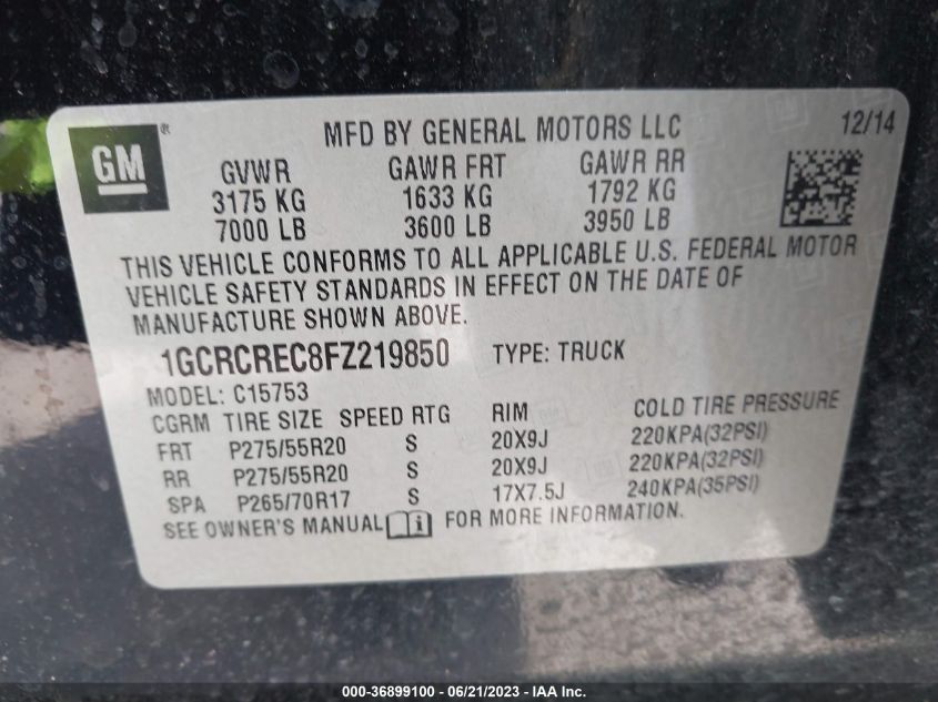 2015 CHEVROLET SILVERADO 1500 LT - 1GCRCREC8FZ219850