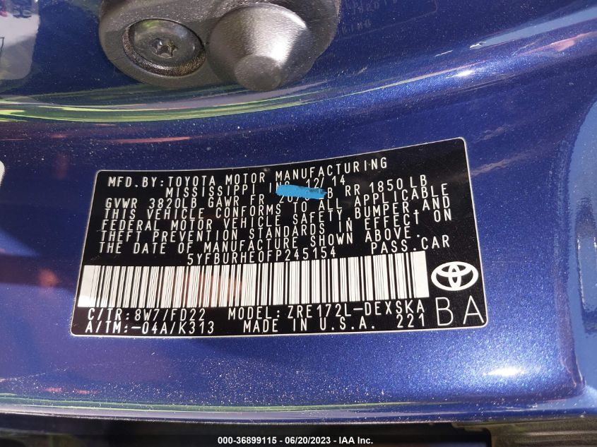 2015 TOYOTA COROLLA L/LE/S/S PLUS/LE PLUS - 5YFBURHE0FP245154