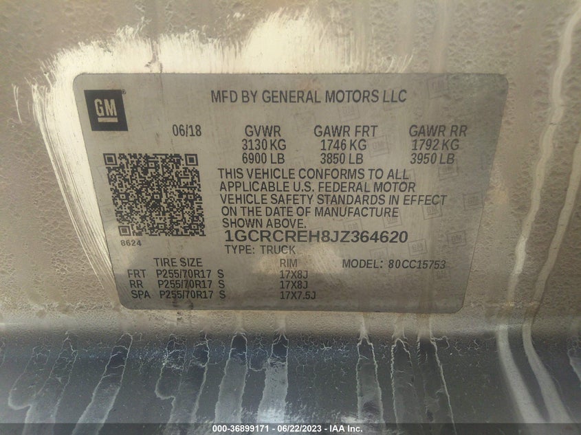 VIN 1GCRCREH8JZ364620 2018 CHEVROLET SILVERADO 1500 LT