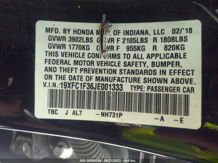 2018 HONDA CIVIC SEDAN EX-T - 19XFC1F36JE001333