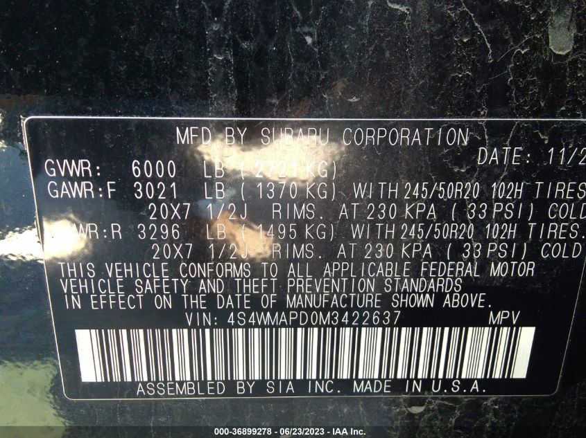 2021 SUBARU ASCENT LIMITED - 4S4WMAPD0M3422637