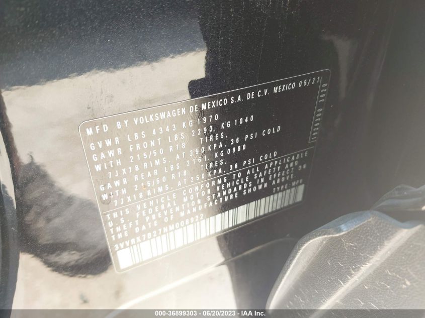 2022 VOLKSWAGEN TAOS SE - 3VVRX7B27NM008922