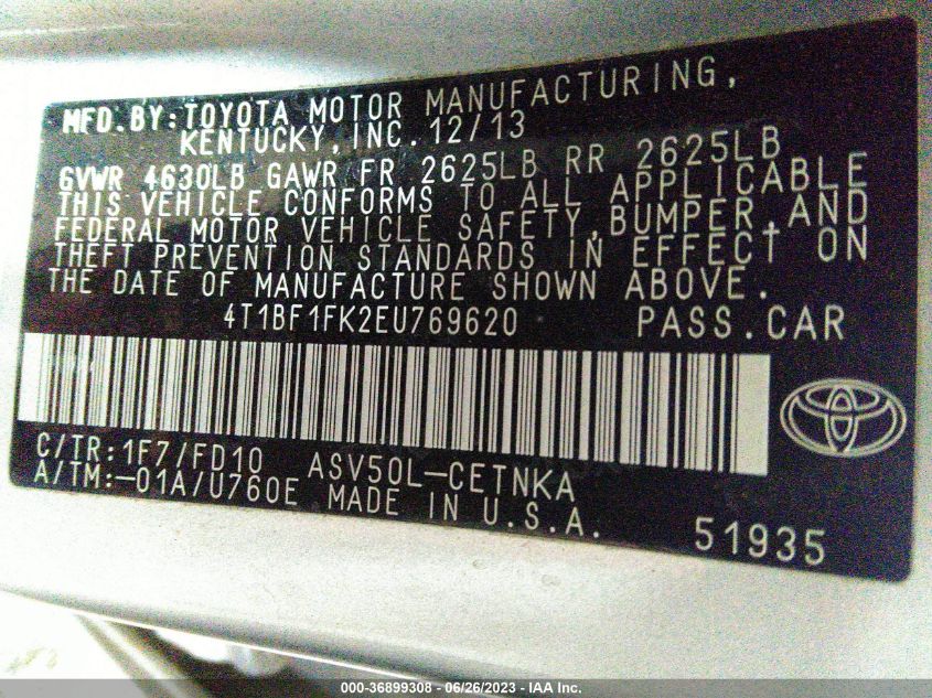 2014 TOYOTA CAMRY L/LE/XLE/SE/SE SPORT - 4T1BF1FK2EU769620