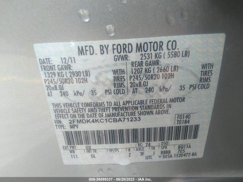 2FMDK4KC1CBA71233 2012 FORD EDGE, photo no. 9