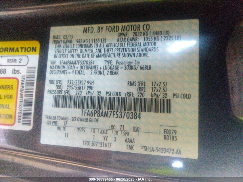 2015 FORD MUSTANG - 1FA6P8AM7F5370384
