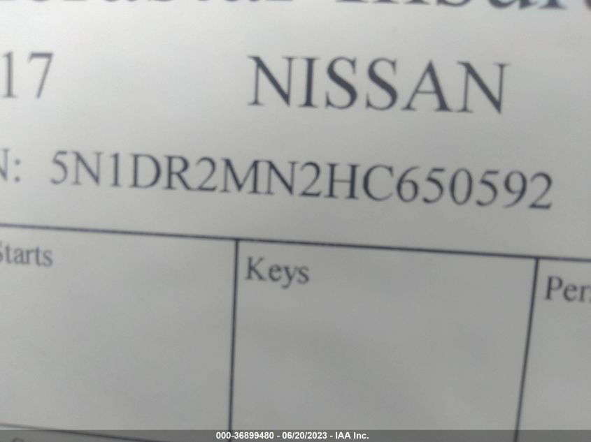 2017 NISSAN PATHFINDER SV - 5N1DR2MN2HC650592