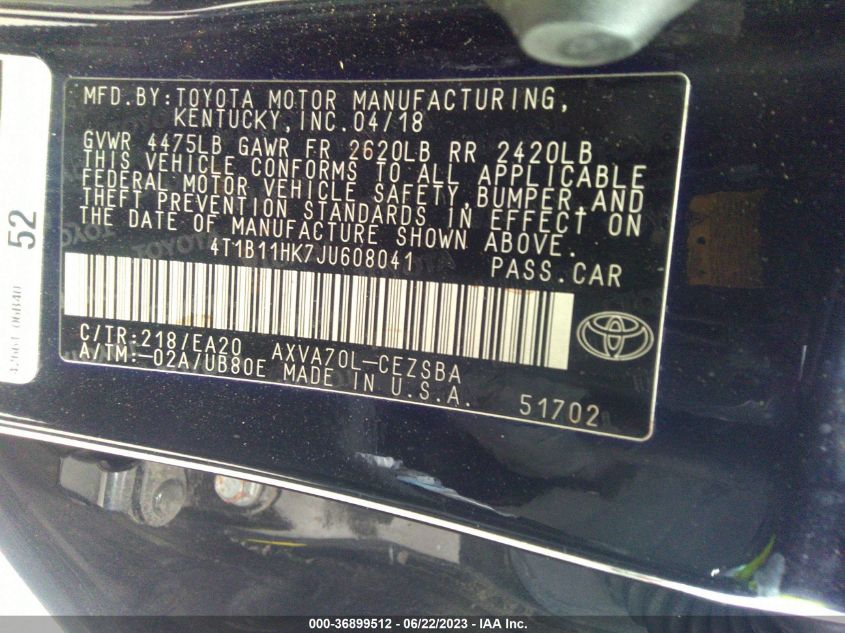 2018 TOYOTA CAMRY LE/SE/XLE/L - 4T1B11HK7JU608041