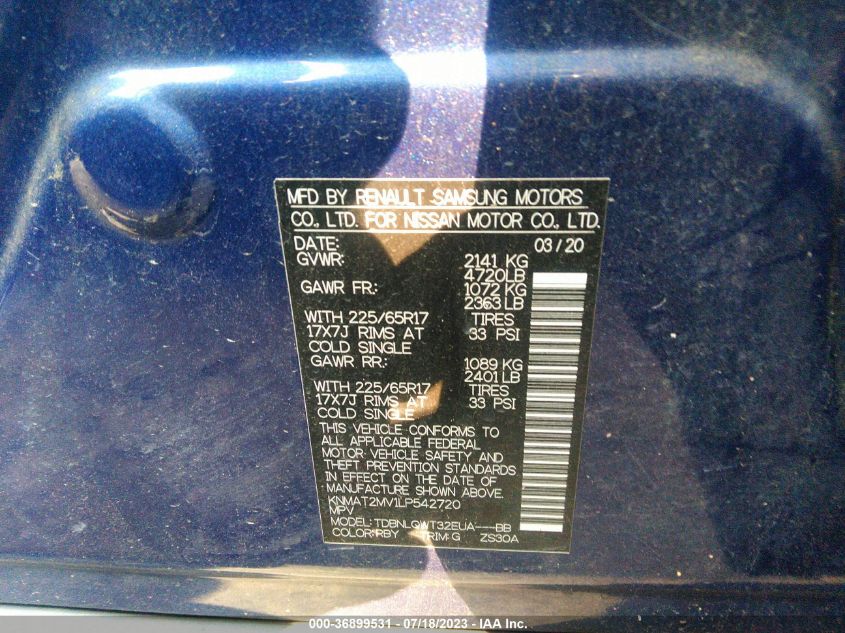 2020 NISSAN ROGUE SV - KNMAT2MV1LP542720