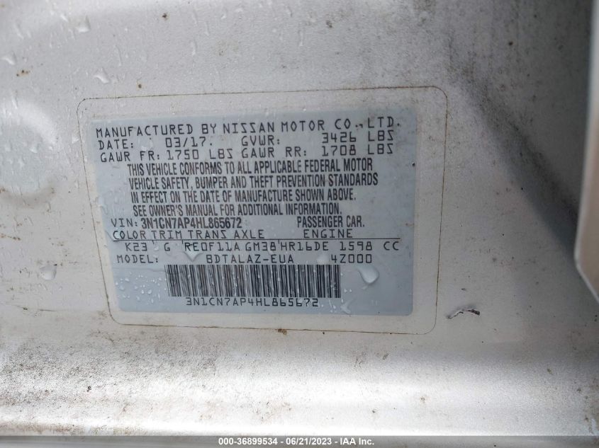 2017 NISSAN VERSA SEDAN S PLUS - 3N1CN7AP4HL865672