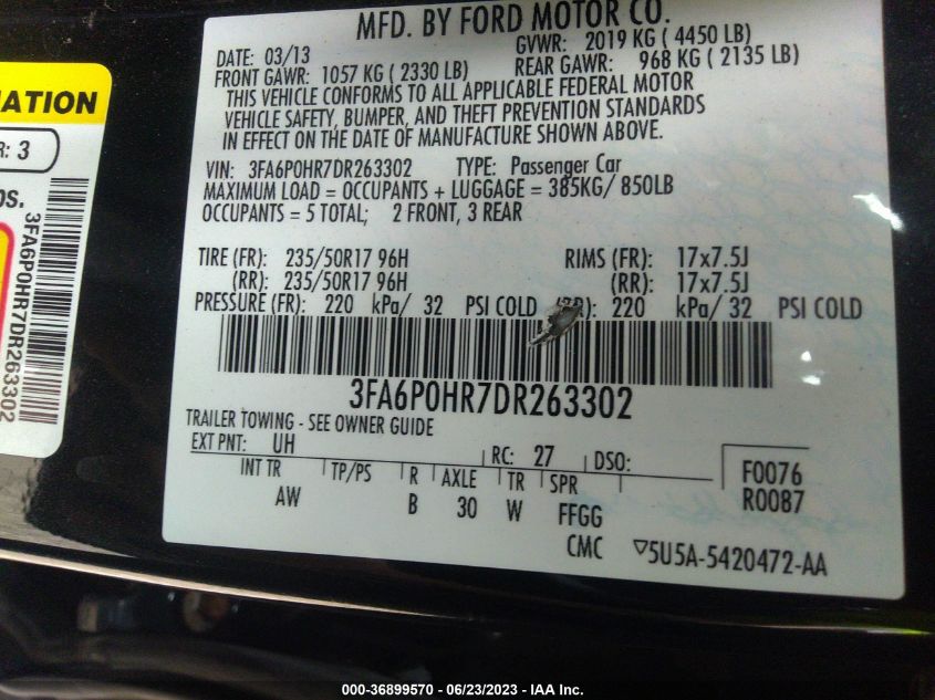 2013 FORD FUSION SE - 3FA6P0HR7DR263302