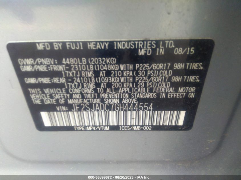 2016 SUBARU FORESTER 2.5I PREMIUM - JF2SJADC7GH444554